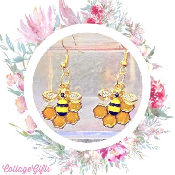 New Bee & Honeycomb Goldtone Earrings Aretes Artesanales - Picture 3 of 3